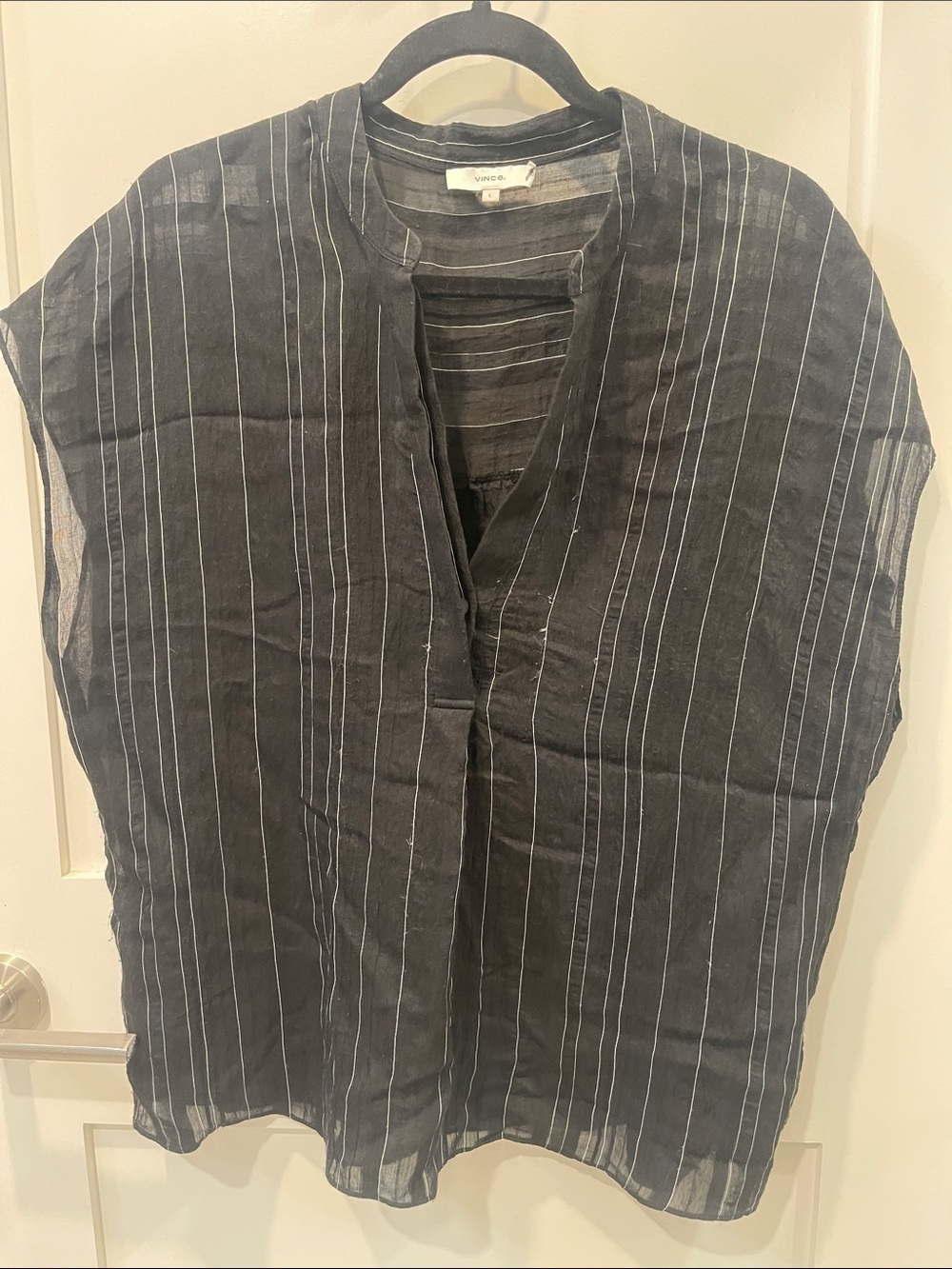 Vince Black Pinstripe Split-Neck Sleeveless Top sz Large $295